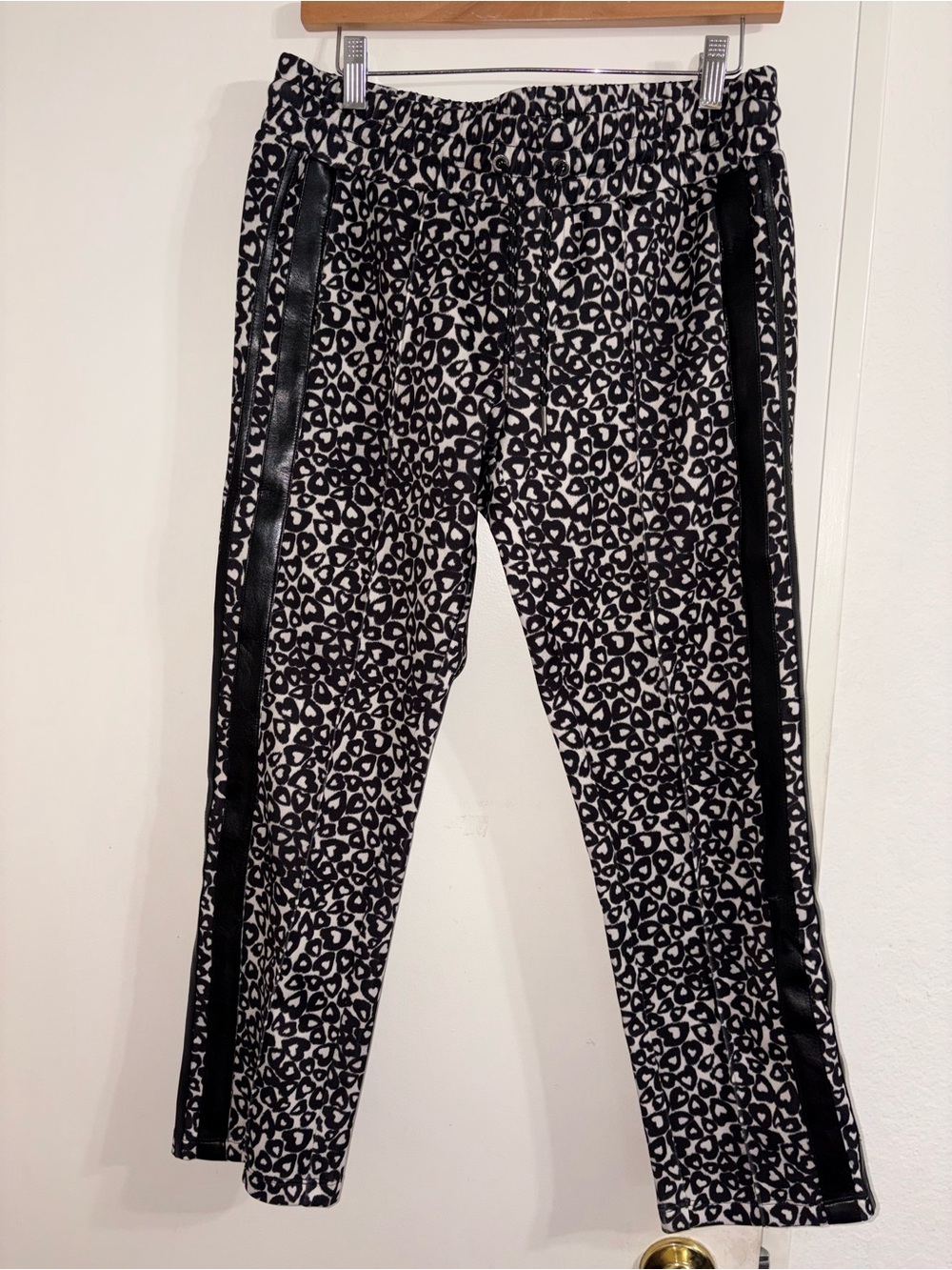 Pam & Gela Black & White Hearts Print Jogger Pants with Faux Leather Stripes